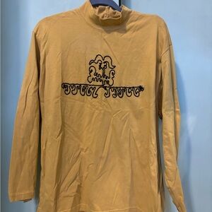 Vintage Long-Sleeve Embroidered Mock Neck Top in Mustard Yellow